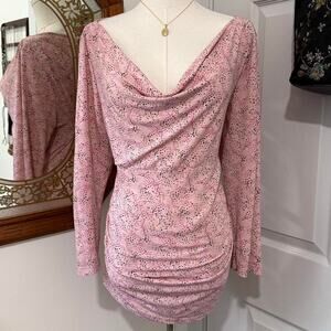 Mix It Pink & Brown Dotted Bubbly Pattern Cowl Neck Ruched Form Fitting Top XL